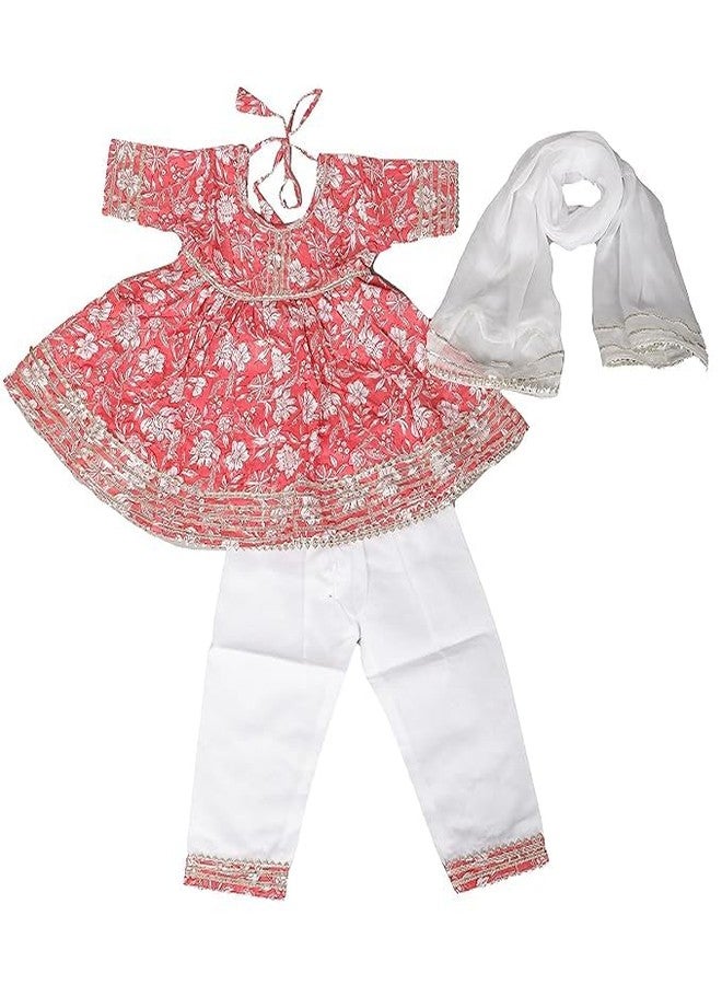 LITTLE DREAMS Designer Cotton Printed Kurti & pant set for Girls/Girls Ethenic Wear| Baby Girls Cotton Printed Frock Style Anarkali Kurti With Pant (Red, 12-18 Month)