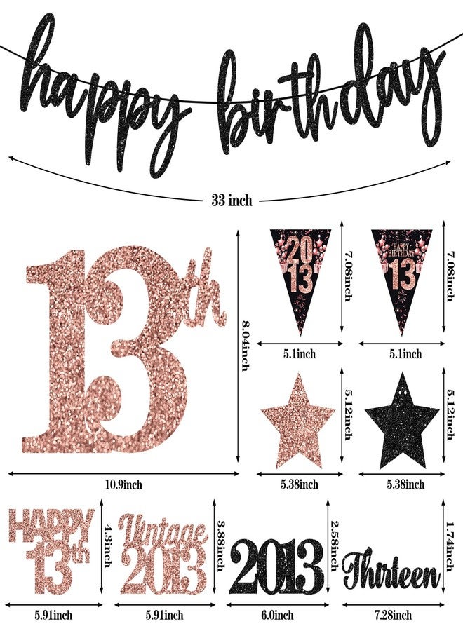 Guiruiy 12PCS 13th Birthday Decorations for GIrls, Rose Gold Vintage 2013 Happy 13th Birthday Banner Triangle Flag Banner Glitter Hanging Swirls Party Supplies, Cheers to 13 Years Old Bday Decor - Image 2