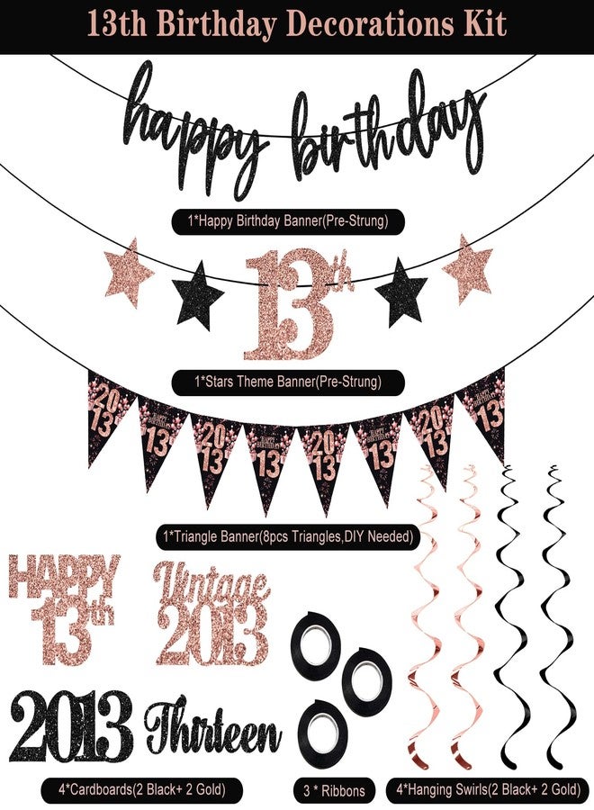 Guiruiy 12PCS 13th Birthday Decorations for GIrls, Rose Gold Vintage 2013 Happy 13th Birthday Banner Triangle Flag Banner Glitter Hanging Swirls Party Supplies, Cheers to 13 Years Old Bday Decor - Image 4