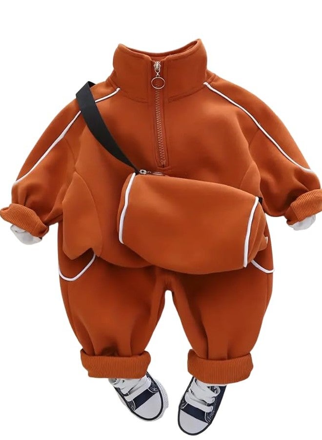 Ameeha Boys and Girls Trendy Sports Casual Outfits, Zip Up Stand Collar Sweatshirt Pants Set With Free Sling Bag (IN, Age, 9 Months, 12 Months, Brown) - Image 1
