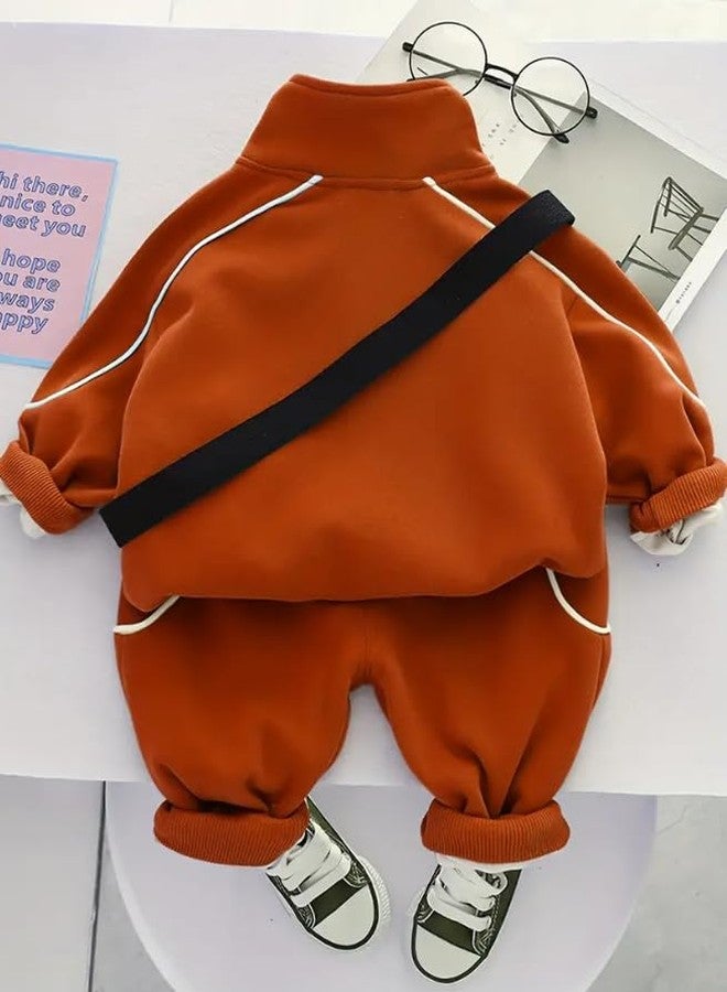 Ameeha Boys and Girls Trendy Sports Casual Outfits, Zip Up Stand Collar Sweatshirt Pants Set With Free Sling Bag (IN, Age, 9 Months, 12 Months, Brown) - Image 3