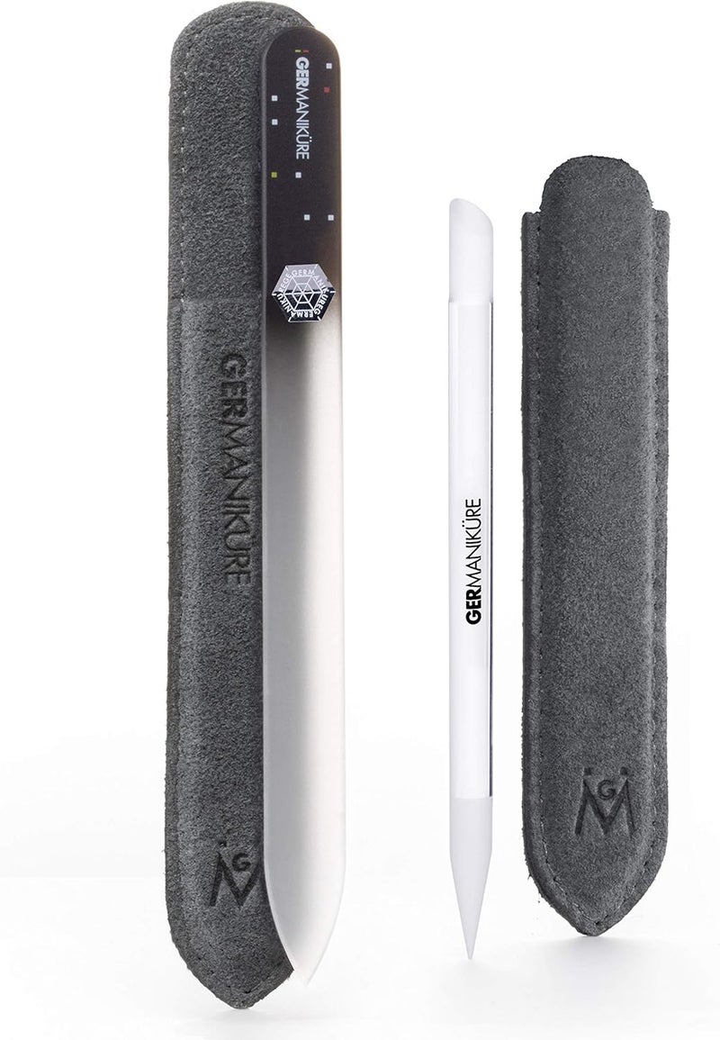 GERmanikure GERMANIKURE Crystal Glass Cuticle Stick & Black Nail File Set in Suede Leather Case – Handmade in Czech Republic – Professional Manicure Supplies – Cuticle Pusher, Callous Remover
