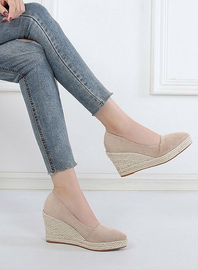 Loquat Women's Platform Espadrilles Wedge Heeled wedge pumps/shoes Slip On Closed Pointed Toe Wedge Pumps Apricot  - Image 4