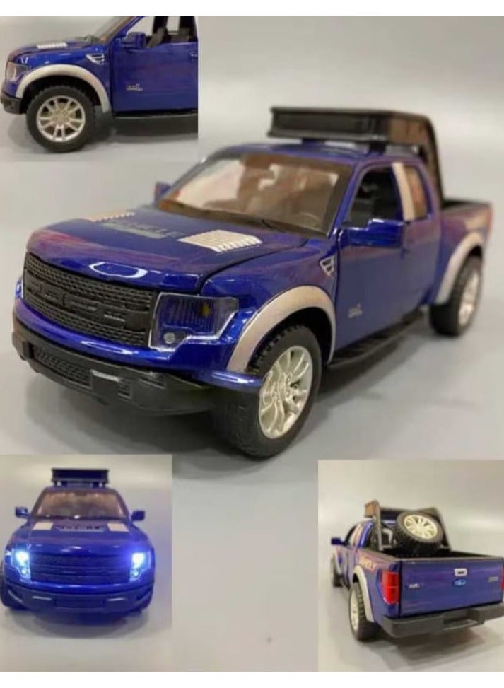 1/32 Scale Ford Raptor F150 Diecast Alloy Truck Model with Sound, Light, Opening Doors, Pull Back (Blue, No Box) - Image 1