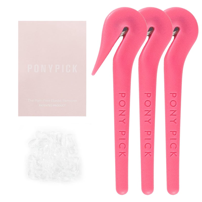 Pony Pick THE PONY PICK Hair Elastic Rubber Bands Cutter Tool – Easy To Use, Pain Free, No Hair Damage – Ponytail Cutter Tool for Kids & Toddlers (3 Packs of Pony Pick & 50 Clear Hair Elastics) - Image 1