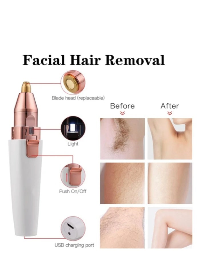 2-in-1 Facial Hair Remover & Eyebrow Trimmer, Rechargeable Mini Razor for Women – Painless Lip, Chin, Arms & Bikini Hair Removal Tool (White) - Image 2