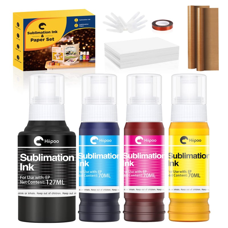 Hiipoo Sublimation Ink Set with 110 Sheet Sublimation Paper 85x11 120G 2 Pack Teflon Sheet Heat Tape Compatible for Inkjet Printer ET2720 ET2760 ET2800 ET2803 ET2400 ET4700 ET4800 ET15000