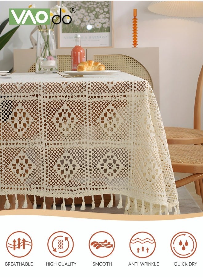 VAOdo Rustic Style Tablecloth Crochet Hollow Tassel Placemat Suitable For Coffee Table Dining Table Wedding Party Decoration Etc 140*180CM Beige  - Image 5