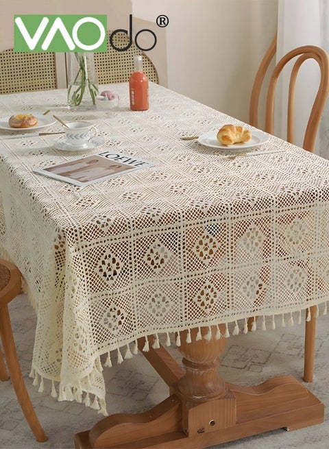 Rustic Style Tablecloth Crochet Hollow Tassel Placemat Suitable For Coffee Table Dining Table Wedding Party Decoration Etc 140*180CM Beige