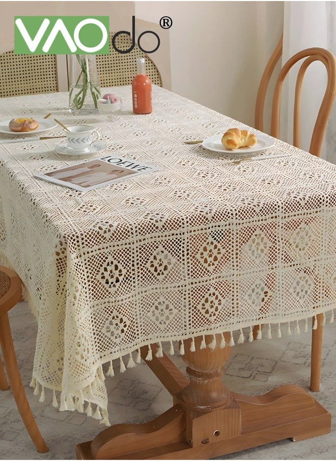 VAOdo Rustic Style Tablecloth Crochet Hollow Tassel Placemat Suitable For Coffee Table Dining Table Wedding Party Decoration Etc 140*180CM Beige  - Image 1