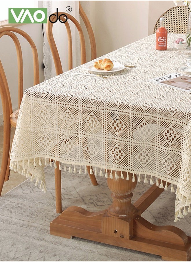 VAOdo Rustic Style Tablecloth Crochet Hollow Tassel Placemat Suitable For Coffee Table Dining Table Wedding Party Decoration Etc 140*180CM Beige  - Image 3