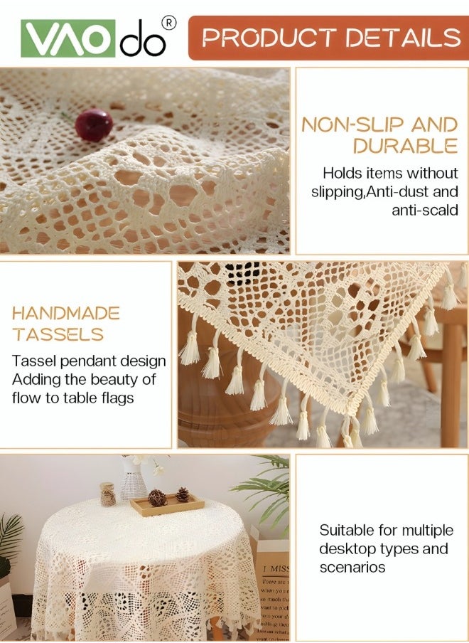 VAOdo Rustic Style Tablecloth Crochet Hollow Tassel Placemat Suitable For Coffee Table Dining Table Wedding Party Decoration Etc 140*180CM Beige  - Image 4
