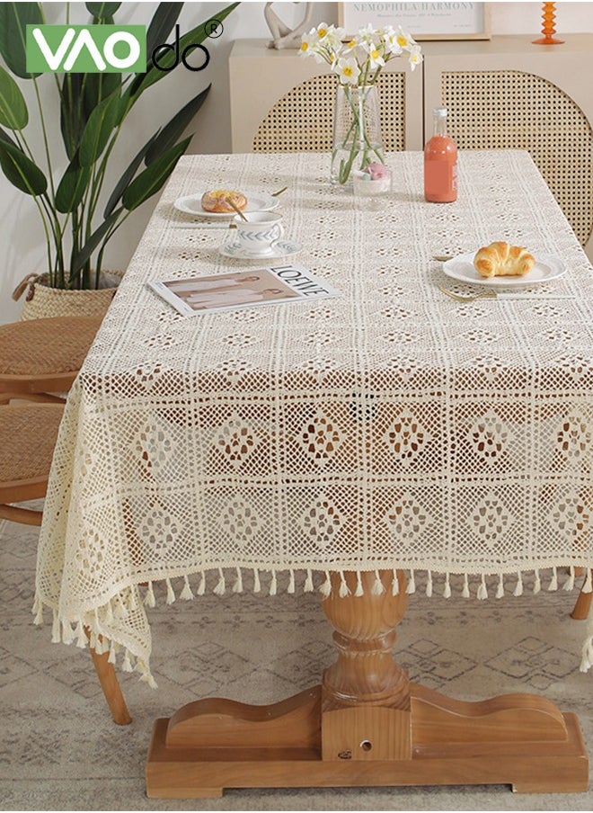 VAOdo Rustic Style Tablecloth Crochet Hollow Tassel Placemat Suitable For Coffee Table Dining Table Wedding Party Decoration Etc 140*180CM Beige  - Image 2