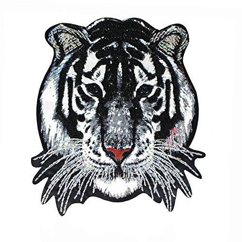 FEEPOP 1 Piece of LargeSize Personality Domineering Tiger Cloth Pasted with Fashion Clothing Patch Pasted with Clothing Accessories Patched with Holes41 X 36 cm Silver Tiger