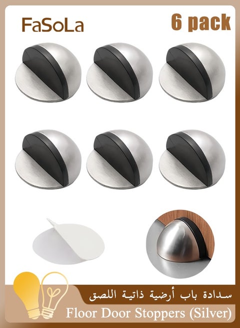 6 Pack Self Adhesive Floor Door Stoppers, Stainless Steel Door Stopper, Polished Oval Half Moon with Glues for Protect of Wall Har, Floor, Glass Door for Home, School, Office Floor (Silver)