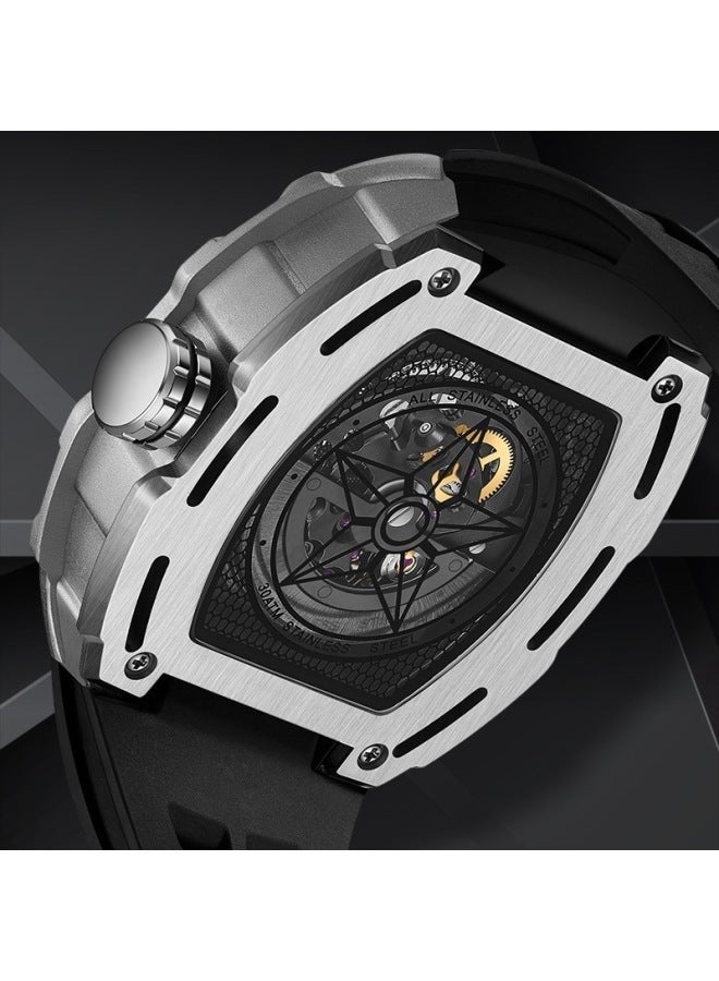 Mark Fairwhale Men's Barrel-Shaped Automatic Skeleton Watch - Silver Case, Black Dial, Black Strap - Image 2