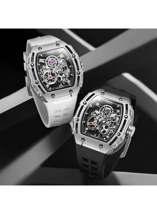 Mark Fairwhale Men's Barrel-Shaped Automatic Skeleton Watch - Silver Case, Black Dial, Black Strap - Image 4