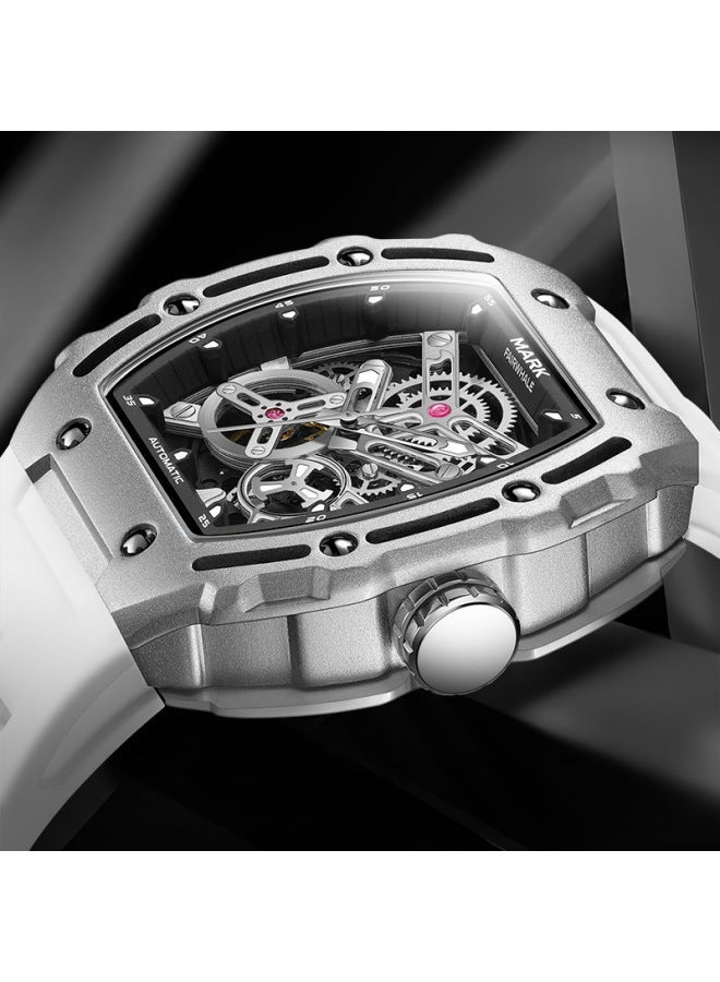 Mark Fairwhale Men's Barrel-Shaped Automatic Skeleton Watch - Silver Case, Black Dial, Black Strap - Image 3