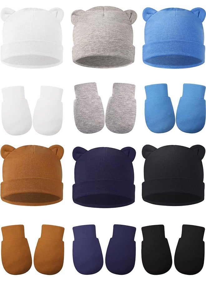Baby Fetal Cap Gloves Set, 6 Sets Newborn Cute Cotton  Hat Mittens Baby Beanie Maternity Birth Accessories (White, Grey, Blue, Black, Dark Blue, Brown) - Image 1