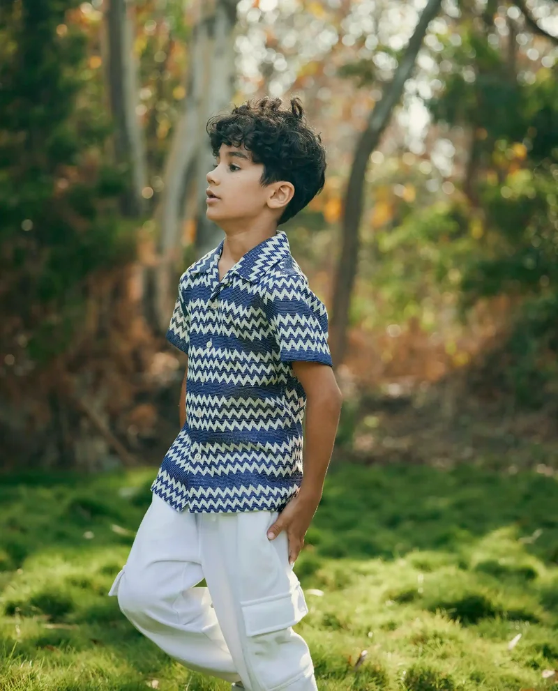 رير ونز Rare Ones Kids Dio Blue Cotton Poly Half Sleeve Cuban Collar Dobby Shirt