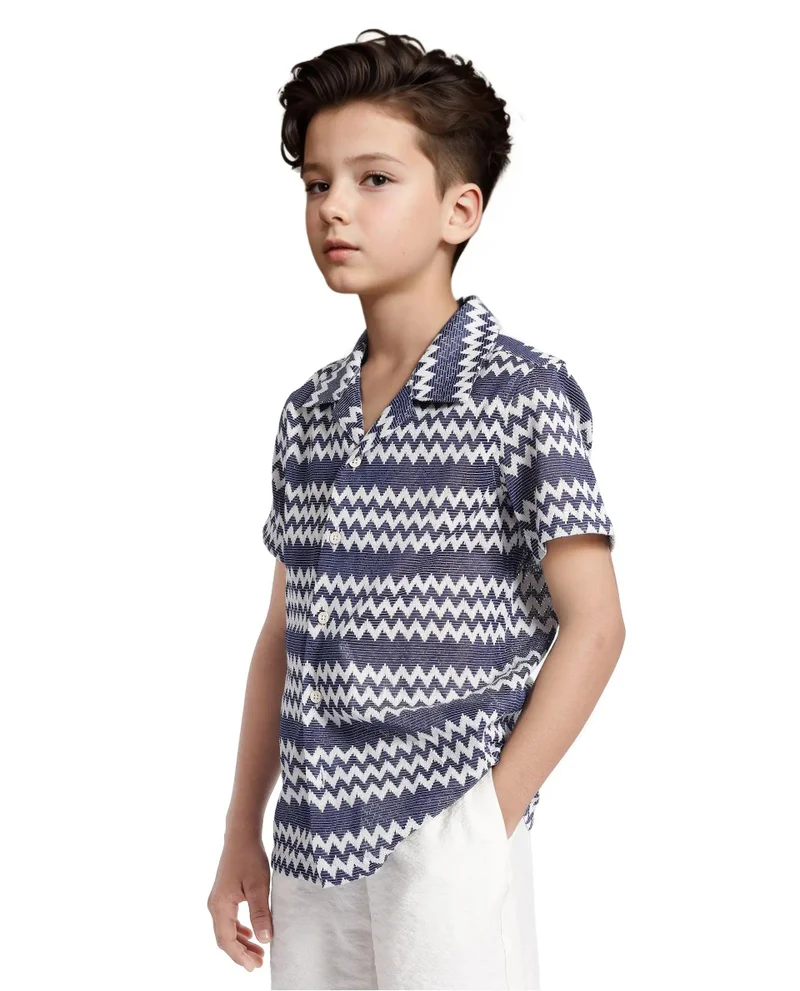 Rare Ones Rare Ones Kids Dio Blue Cotton Poly Half Sleeve Cuban Collar Dobby Shirt