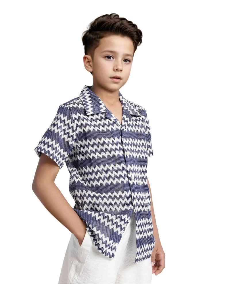 Rare Ones Rare Ones Kids Dio Blue Cotton Poly Half Sleeve Cuban Collar Dobby Shirt