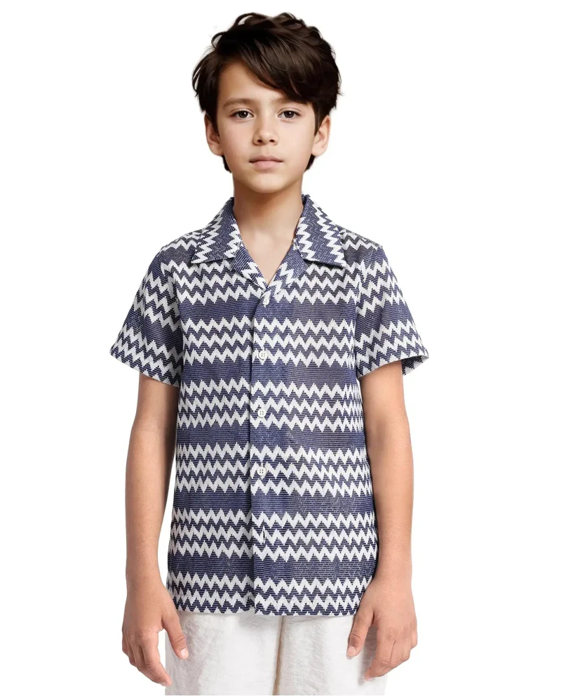 Rare Ones Rare Ones Kids Dio Blue Cotton Poly Half Sleeve Cuban Collar Dobby Shirt