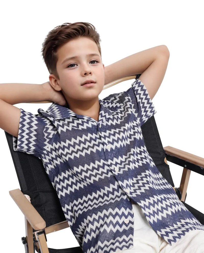 رير ونز Rare Ones Kids Dio Blue Cotton Poly Half Sleeve Cuban Collar Dobby Shirt