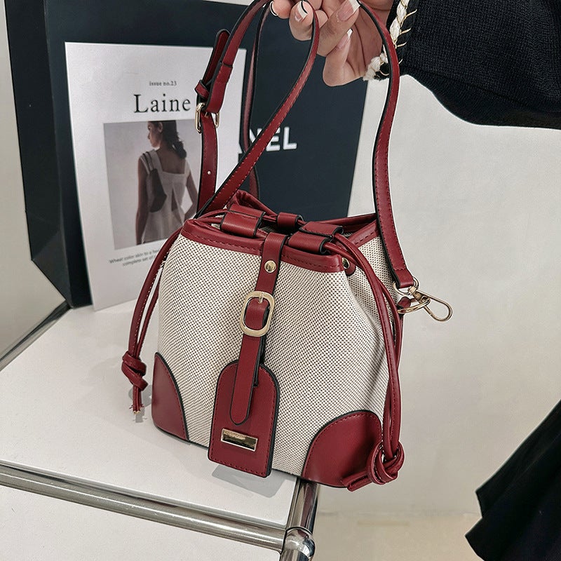 Baigou Handbags, Women'S New Style Canvas Color-Block Drawstring Shoulder Crossbody Bucket Bag - Image 4