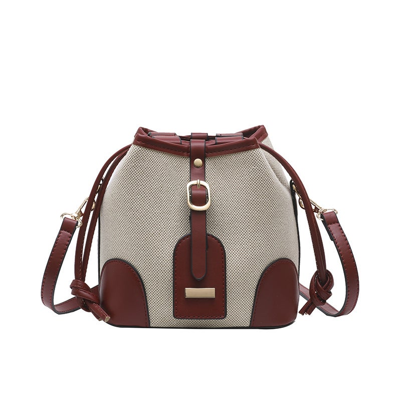 Baigou Handbags, Women'S New Style Canvas Color-Block Drawstring Shoulder Crossbody Bucket Bag - Image 1