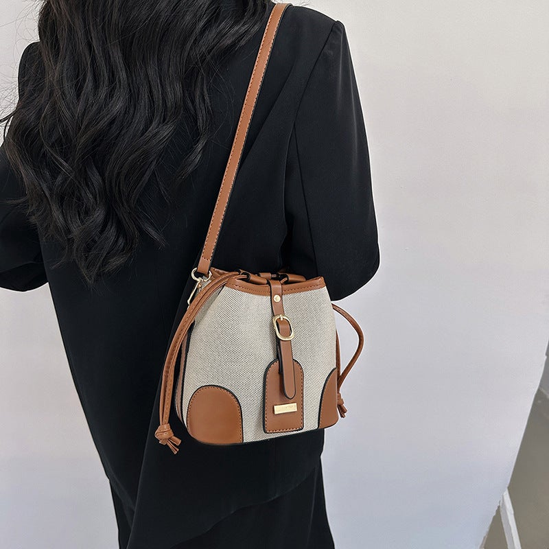 Baigou Handbags, Women'S New Style Canvas Color-Block Drawstring Shoulder Crossbody Bucket Bag - Image 3