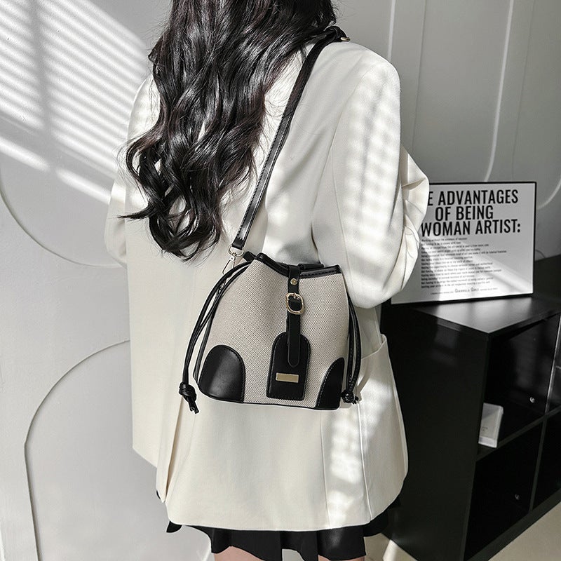 Baigou Handbags, Women'S New Style Canvas Color-Block Drawstring Shoulder Crossbody Bucket Bag - Image 5