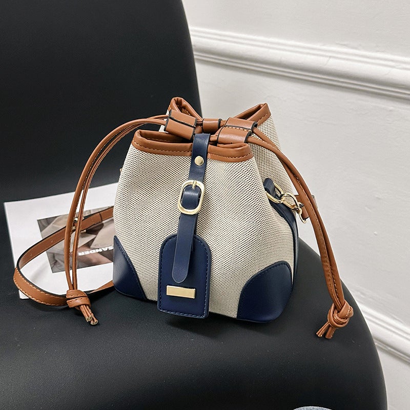 Baigou Handbags, Women'S New Style Canvas Color-Block Drawstring Shoulder Crossbody Bucket Bag - Image 2