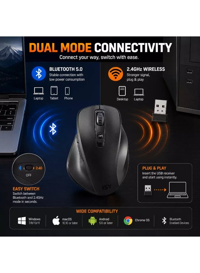 ISY IBM-2000 Dual Mode Wireless Mouse – Bluetooth & 2.4GHz Rechargeable Mouse, Silent Clicks, 1600 DPI, Ergonomic Design - Image 5