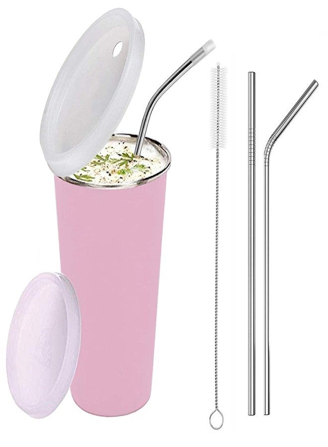 KIDINGTON Stainless Steel Sipper for Kids with Straw Glass for Kids Milk Tumbler with Straw and Lid Sippy Cup with Gum Protection for Kids 2 Straw and 1 Cleaning Brush (370 ml.1-4 Years)(Pink) - Image 1