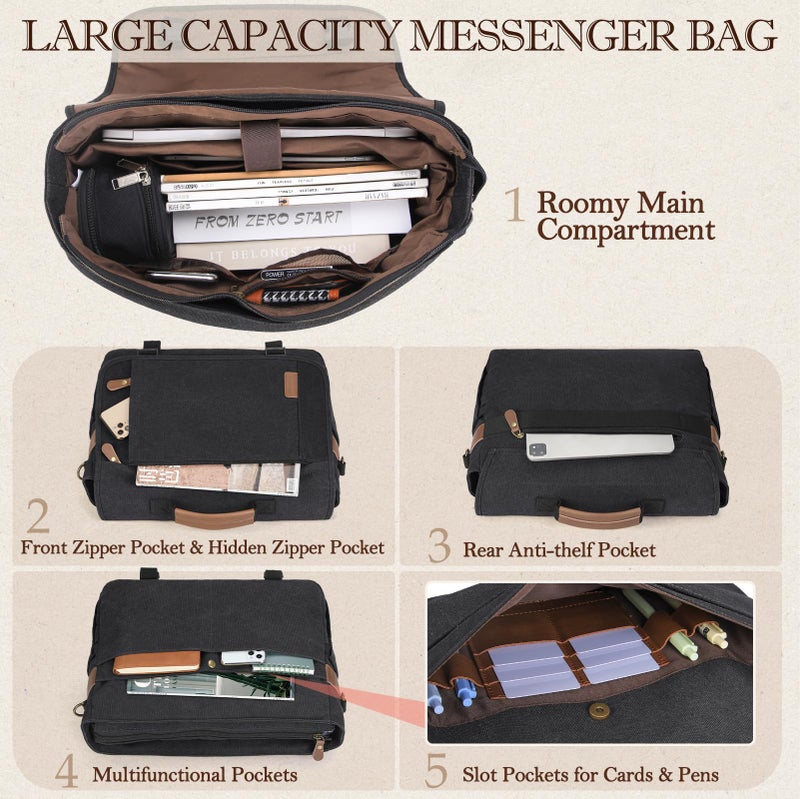 RAINSMORE Messenger Bag for Men 17-17.3 Inch Laptop Bag Water-resistant Canvas Computer Shoulder Bag Office Work Briefcase Large Casual Satchel Bags for Men Bookbag for College, Black - Image 3