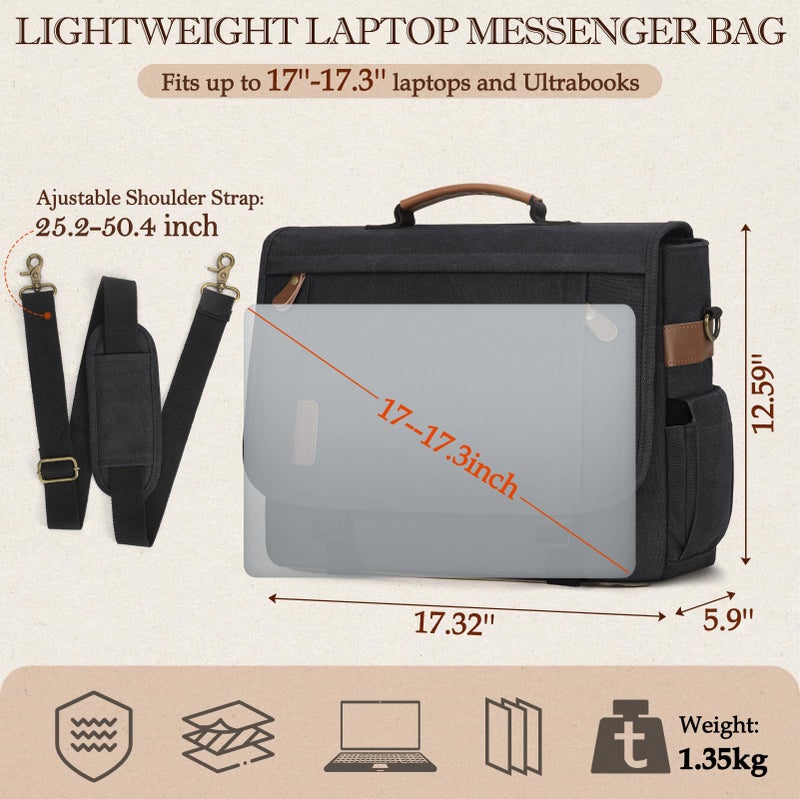 RAINSMORE Messenger Bag for Men 17-17.3 Inch Laptop Bag Water-resistant Canvas Computer Shoulder Bag Office Work Briefcase Large Casual Satchel Bags for Men Bookbag for College, Black - Image 2