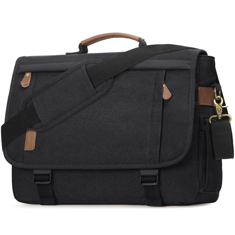 RAINSMORE Messenger Bag for Men 17-17.3 Inch Laptop Bag Water-resistant Canvas Computer Shoulder Bag Office Work Briefcase Large Casual Satchel Bags for Men Bookbag for College, Black - Image 1