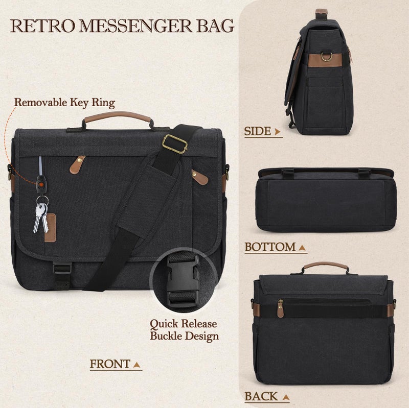 RAINSMORE Messenger Bag for Men 17-17.3 Inch Laptop Bag Water-resistant Canvas Computer Shoulder Bag Office Work Briefcase Large Casual Satchel Bags for Men Bookbag for College, Black - Image 5