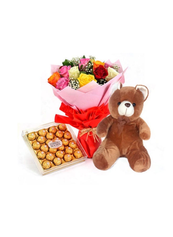 Petal Box 24 Pieces Ferrero Rocher Chocolate 12 Mixed Roses Bouquet Brown Teddy Bear
