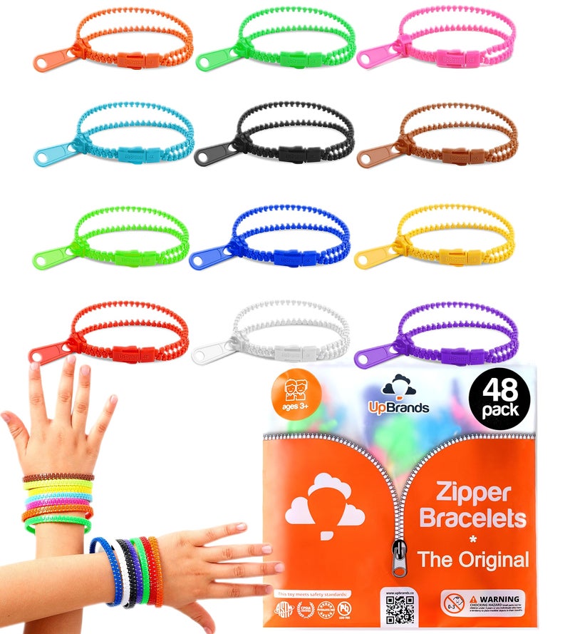 UpBrands 48 Prizes for Kids Zipper Bracelets 7 Â½â€, Fidget Party Favors for Kids, Sensory Toys Bulk Set, Neon Colors, Birthday Kit, Easter Egg, Treat Bags & Pinata Fillers - Image 1