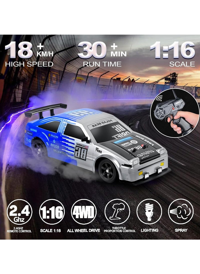 Taizz Ventures - 1:16 Scale RC Drift Car Remote Control Car 2.4ghz 4WD High Speed RC Cars Vehicle with LED Lights Two Batteries and Drifting Tire Racing Sport Toy for Adults Boys Girls Kids Gift - Blue/Grey - Image 1