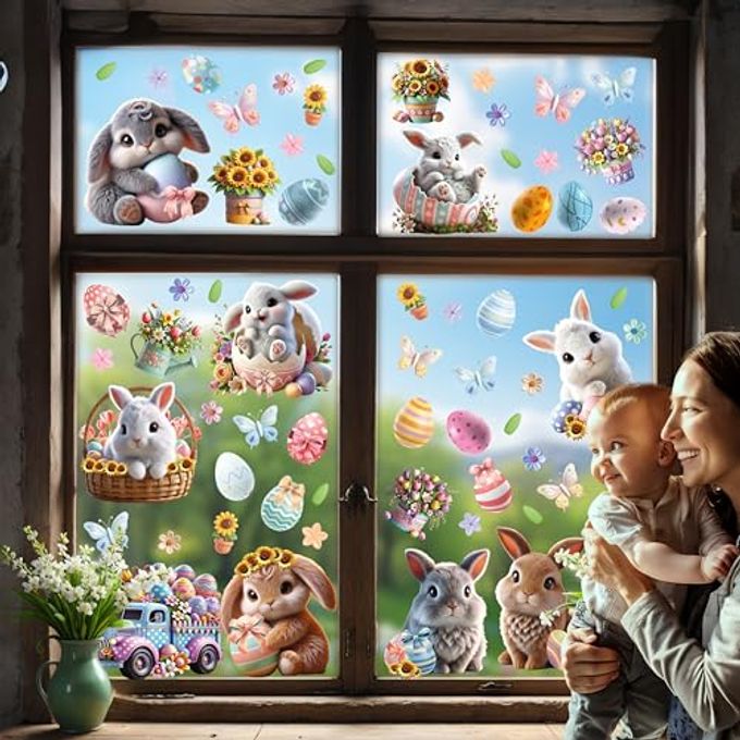 WALPLUS Easter Bunny Window Clings Spring Decorations Window Clings Double-Sided Reusable Peel and Stick Removable for Glass Living Room Nursery Room Home Office Egg-citing Bunny Adventures 110 Pieces - Image 3