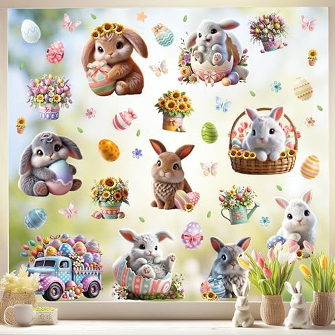 WALPLUS Easter Bunny Window Clings Spring Decorations Window Clings Double-Sided Reusable Peel and Stick Removable for Glass Living Room Nursery Room Home Office Egg-citing Bunny Adventures 110 Pieces - Image 1