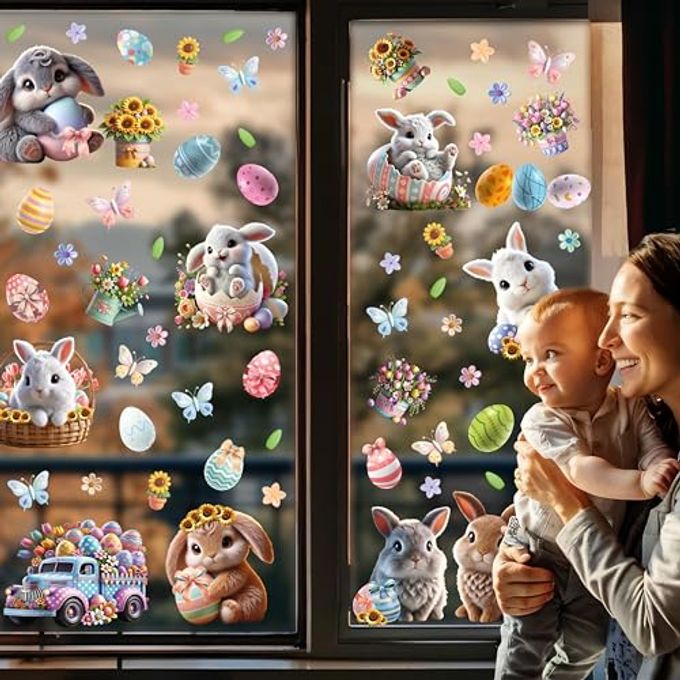 WALPLUS Easter Bunny Window Clings Spring Decorations Window Clings Double-Sided Reusable Peel and Stick Removable for Glass Living Room Nursery Room Home Office Egg-citing Bunny Adventures 110 Pieces - Image 2