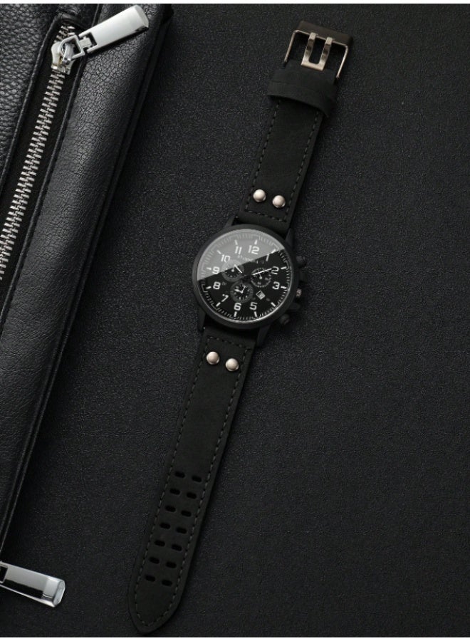 Geneva Men's Quartz Wrist Watch with PU Strap, Classic Design, Three Dials, Digital Calendar - Image 2