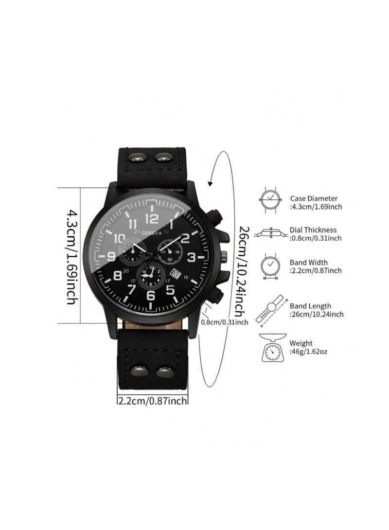 Geneva Men's Quartz Wrist Watch with PU Strap, Classic Design, Three Dials, Digital Calendar - Image 3