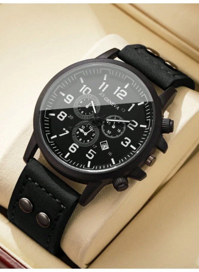 Geneva Men's Quartz Wrist Watch with PU Strap, Classic Design, Three Dials, Digital Calendar - Image 4