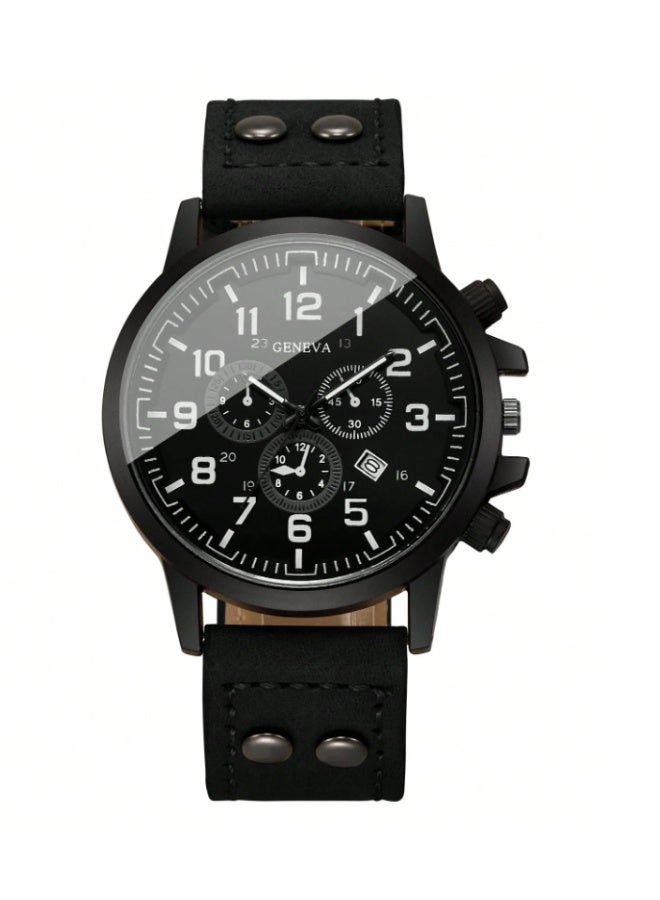 Geneva Men's Quartz Wrist Watch with PU Strap, Classic Design, Three Dials, Digital Calendar - Image 1