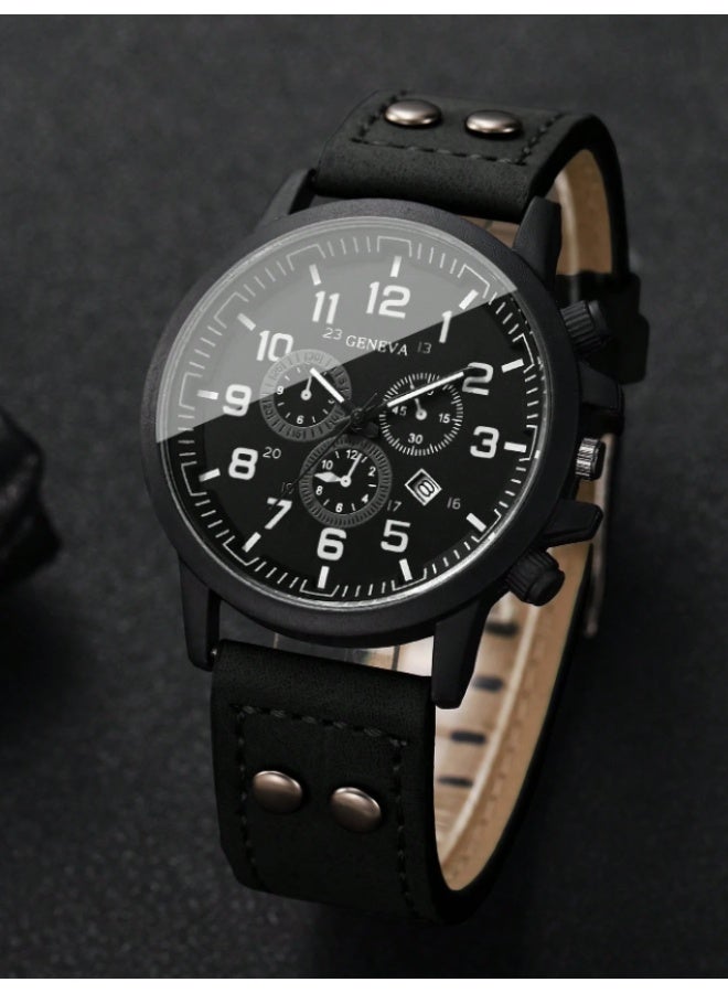 Geneva Men's Quartz Wrist Watch with PU Strap, Classic Design, Three Dials, Digital Calendar - Image 5